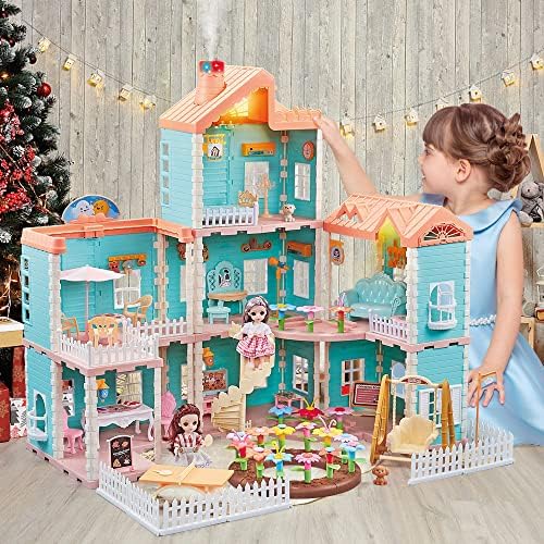 SINOMARS Doll House 7-8, Dollhouse Dreamhouse for Girls with Light, Chimney & Doll Figures, Castle Building Playset with Acceccories & Furniture, Pretend Play Princess House for Kids 4 5 6 9 Years Old