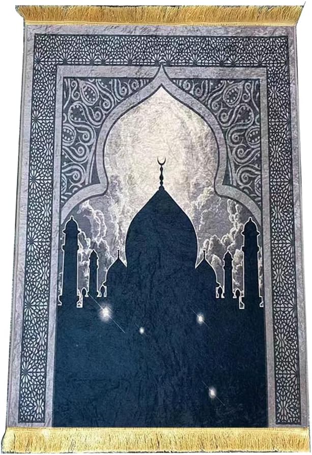 Gold Diamond Velvet Prayer Rug,Anti-Slip Muslim Mat Islamic - Sajadah for Kids Men Women with Islam Prayer Beads for Eid Travel Ramadan, Soft Luxury Great for Knees and Forehead