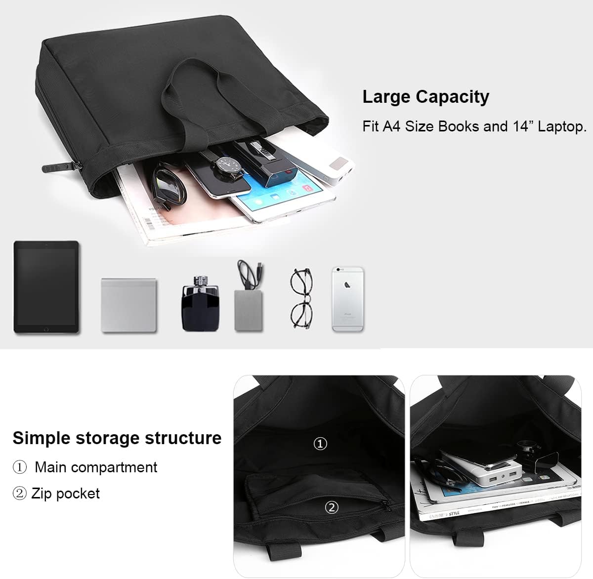 zhongningyifeng Men's Tote Bag 14-inch Laptop Nylon Waterproof Lightweight Business Casual Black Handbag for Work Travel - Image 4