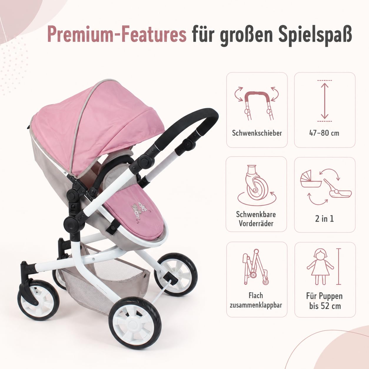 Bayer Chic 2000 Poussette poupée Mika 2 en 1 Pliable et réglable | Poussette poupée 2 en 1 pliable avec poignée réglable (47-80 cm), pour poupées jusqu'à 52 cm.