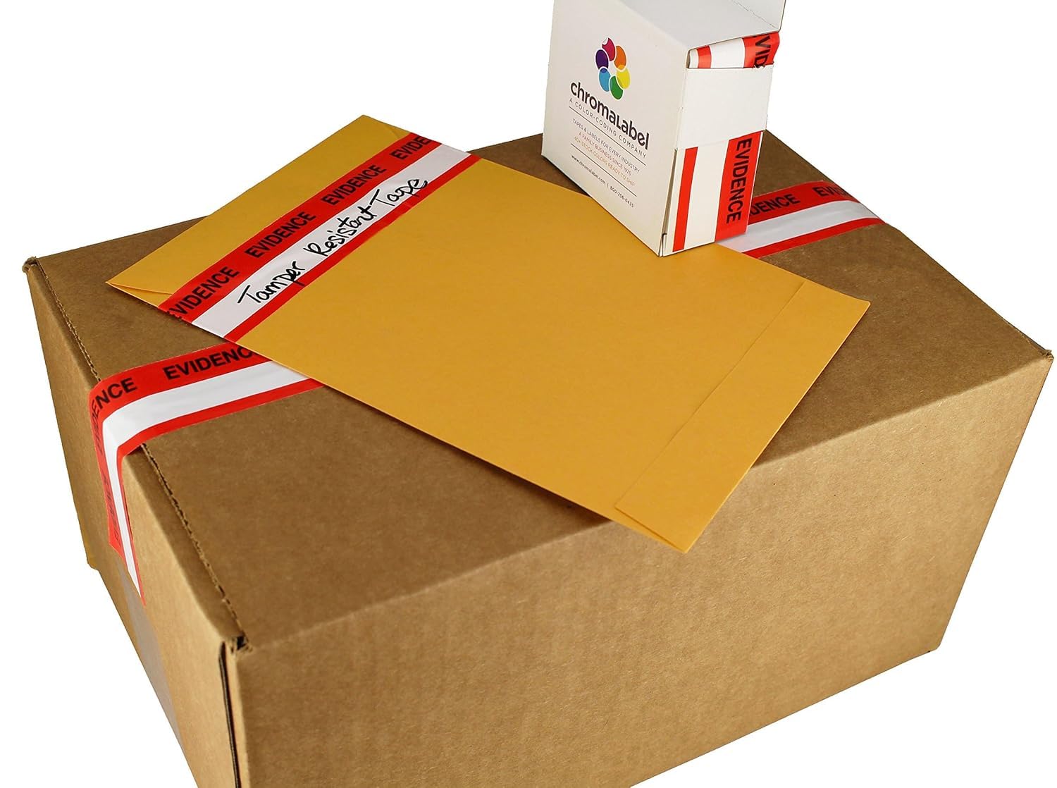 ChromaLabel Evidence Tape, 1.37 Inch Red and White Tamper Evident Security Tape, 480 Inch Roll with Dispenser Box for Evidence Bags, Envelopes, Boxes and Packages