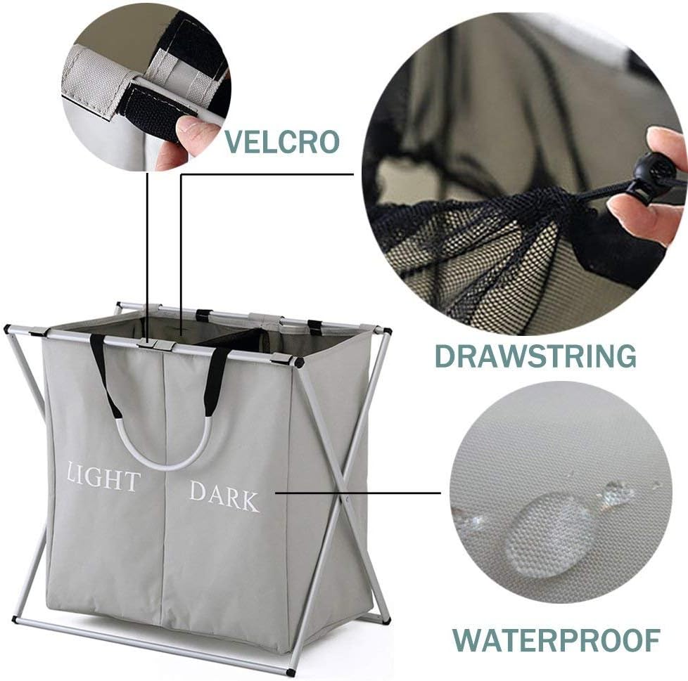 SHAREWIN 125L Laundry Cloth Hamper Basket Sorter Bin Foldable 2 Sections with Aluminum Frame (23x 15x 22 inches) Waterproof Storage Dirty Clothes Bag for Bathroom Bedroom Home