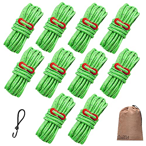 DaLaCa パラコード テントロープ タープロープ ガイロープ 反射材入り 太さ 4mm 長さ 4m 6本 / 8本 / 10本 セット 耐荷重 300kg 自在金具 収納袋 ストレッチコード 付き