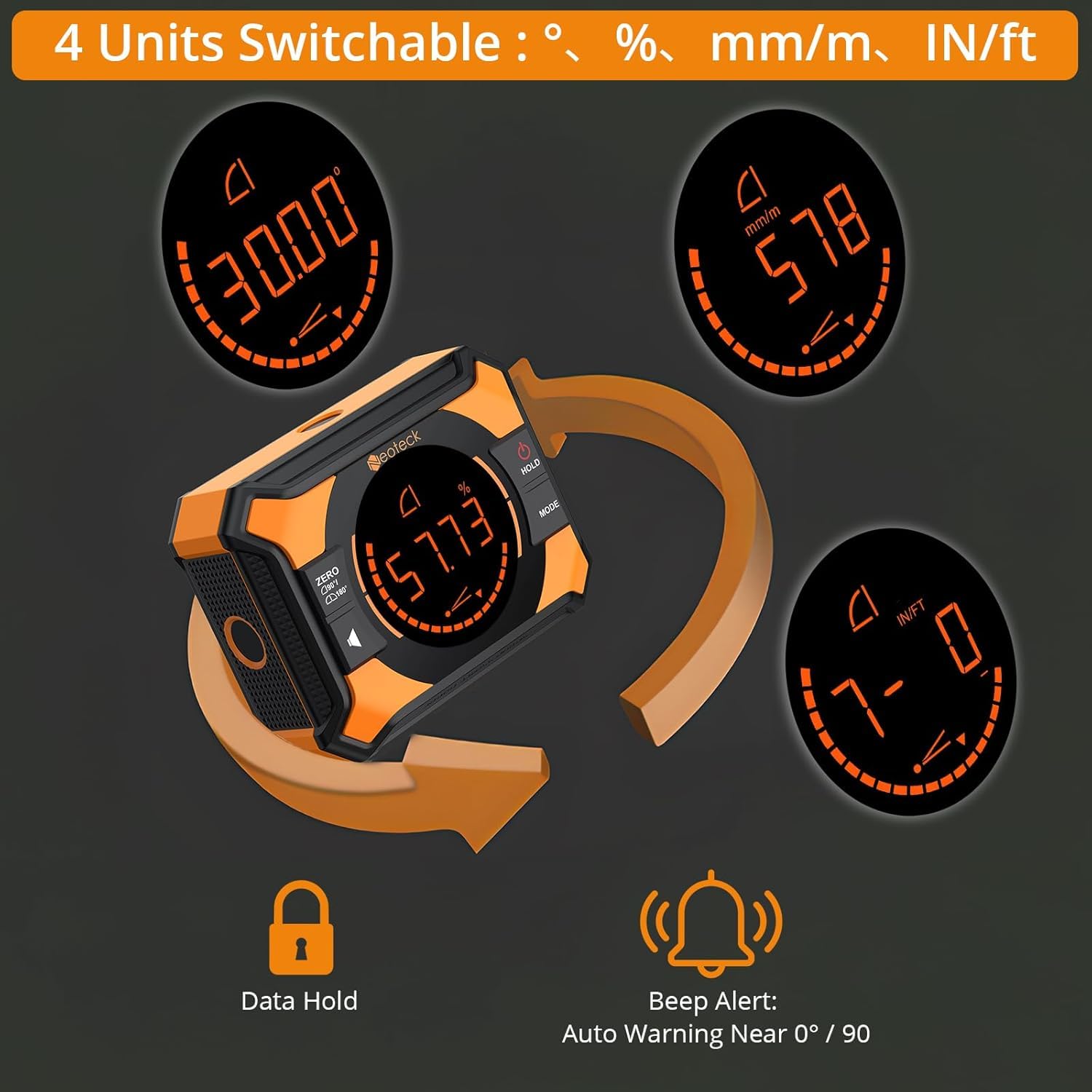 Neoteck Inclinometro Digital 4×90°/2x180° Transportador Digital con Pantalla LED y Alerta Sonora Buscador de Ángulo Recargable con Fondo y Parte Trasera Magnéticos para Carpintería Construcción