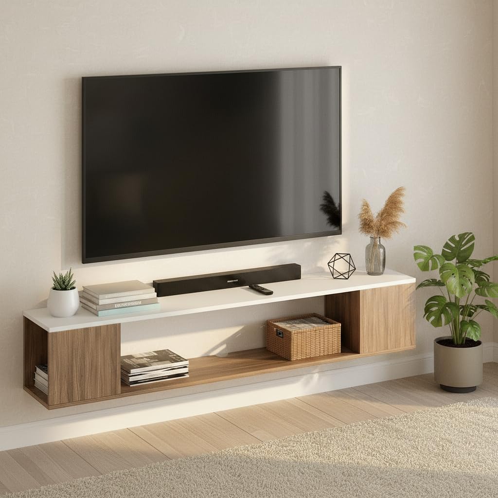 FURNEASER Ether Modern Wall Mounted TV Unit with Floating Shelf | Wooden TV Entertainment Unit for Living Room | Engineered Wood Media Console for 43,50, 55 to 65 Inch TV | Exotic Teak & White-image-2