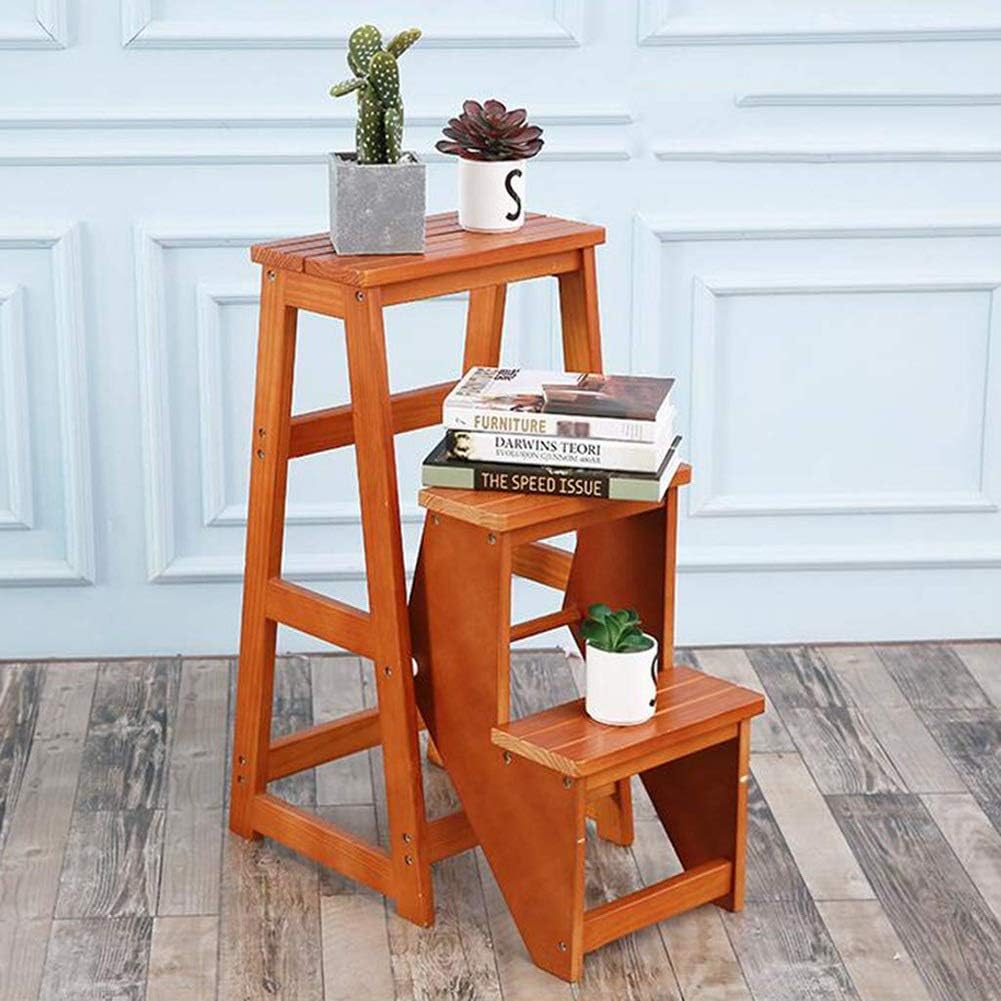 3-Step Ladder Stool Foldable Solid Wood Heightening Flower Stand Change The Shoe Bench, 3 Colors (Color : B)