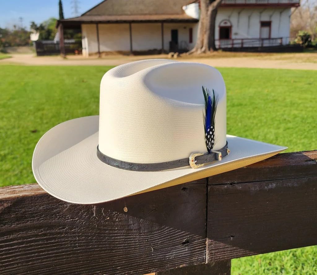 Original White Diamonds Cowboy Straw Western Hat 10,000X Sinaloa Style Low Crown Brim 3 1/2" with Feathers - Sombrero Vaquero