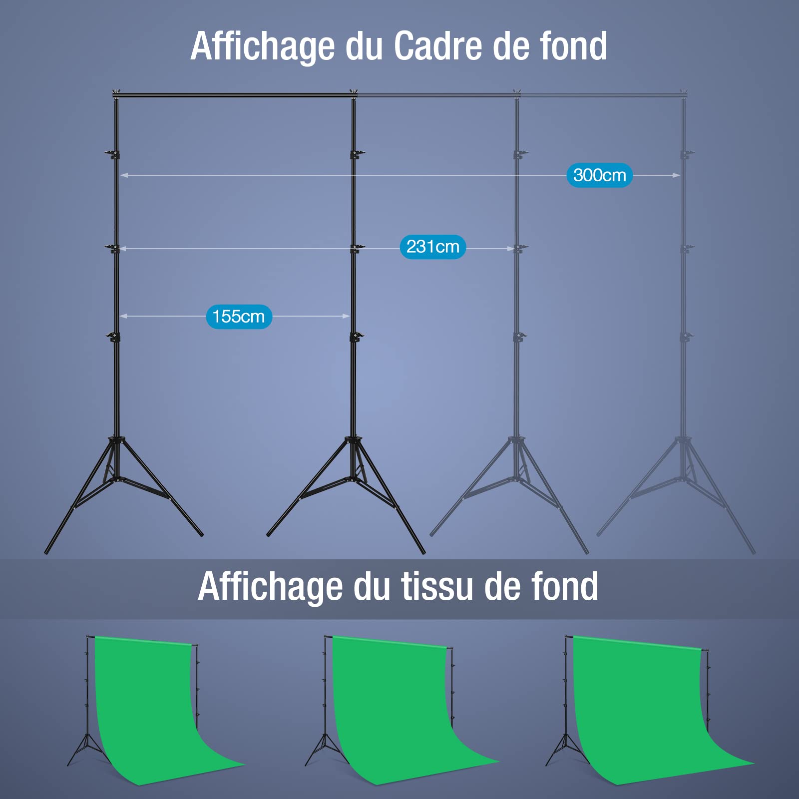 OMBAR Kit Studio Photo et éclairage,Photographie Kit avec 2.6 x 3m Support Fond Photo,4 Ampoules 135W E27 5500K, 2x3 m Fond (Noir Blanc Vert),60cm réflecteurs Parapluie et softbox