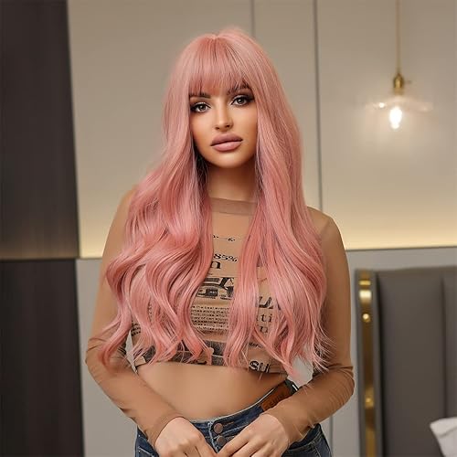 Miniatura 3 de Peluca de longitud larga rosa sintética resistente al calor naturaleza rizada ondulada pelucas con flequillo para fiesta diaria Cosplay (WL-059)