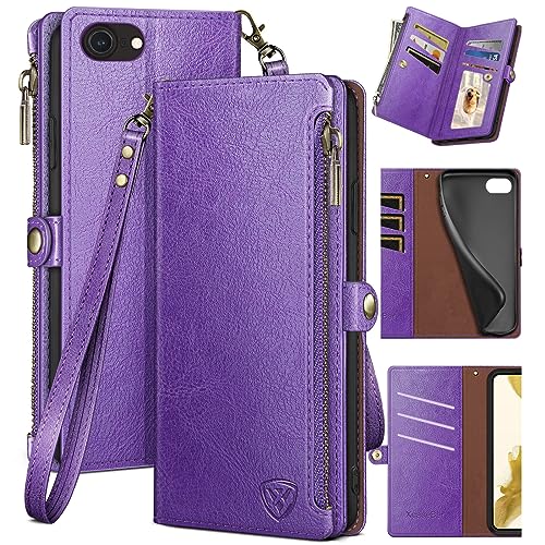 XcaseBar for iPhone SE 3rd/7/8 Wallet case with Zipper Credit Card Holder?RFID Blocking?, Flip Folio Book PU Leather Phone case Shockproof Cover Women Men for Apple SE case Purple