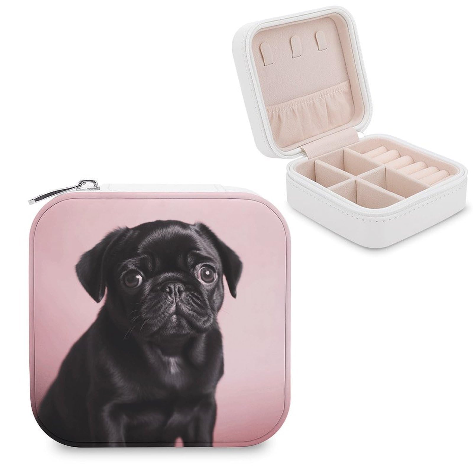 LZQPOEAS Cute Black Pug Jewelry Box Mini Jewelry Travel Case Trendy Stuff Ring Box Custom PU Leather Jewelry Boxes Portable Jewelry Case Earring Storage Organizer for Girls Women