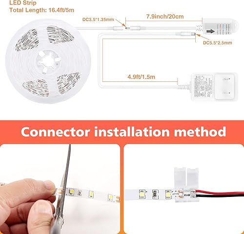 Miniatura 5 de WOBANE Tira de luz LED blanca, tira de luz activada por movimiento de 16.4 pies con control remoto y adaptador, luz nocturna, regulable, función