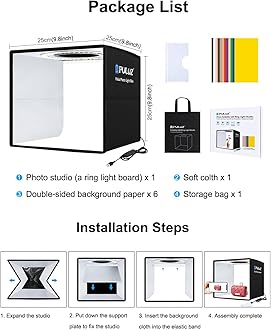 Mini Photo Light Box Photography, PULUZ 25cm/9.8inch Portable Photo Studio Lightbox Folding Dimmable 3 Color Temperature 96pcs LED Light with 6 Dual-Side Color Backdrops
