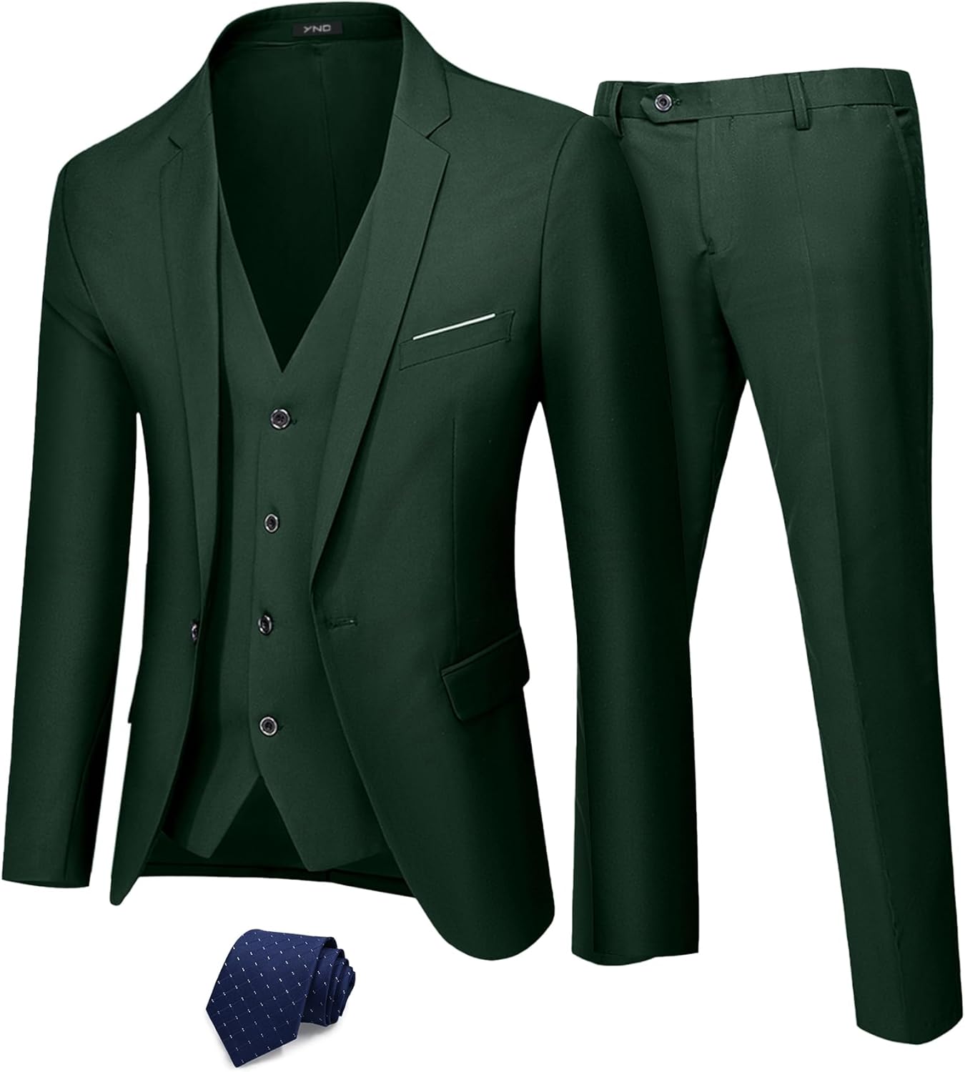 YND Men's Slim Fit 3 Piece Suit Set, One Button Solid Blazer Vest Pants with Tie