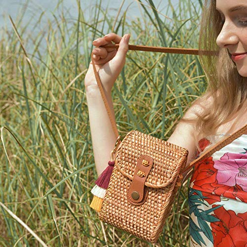 Natural NEO Phone Straw Bag Crossbody Wallet Small Boho Purse Rattan Hand Woven For Women Shoulder Crossbody Necessities Bags Wicker Purses In Summer Beach Vacation With Flower Patterns Bonhomia - Image 6
