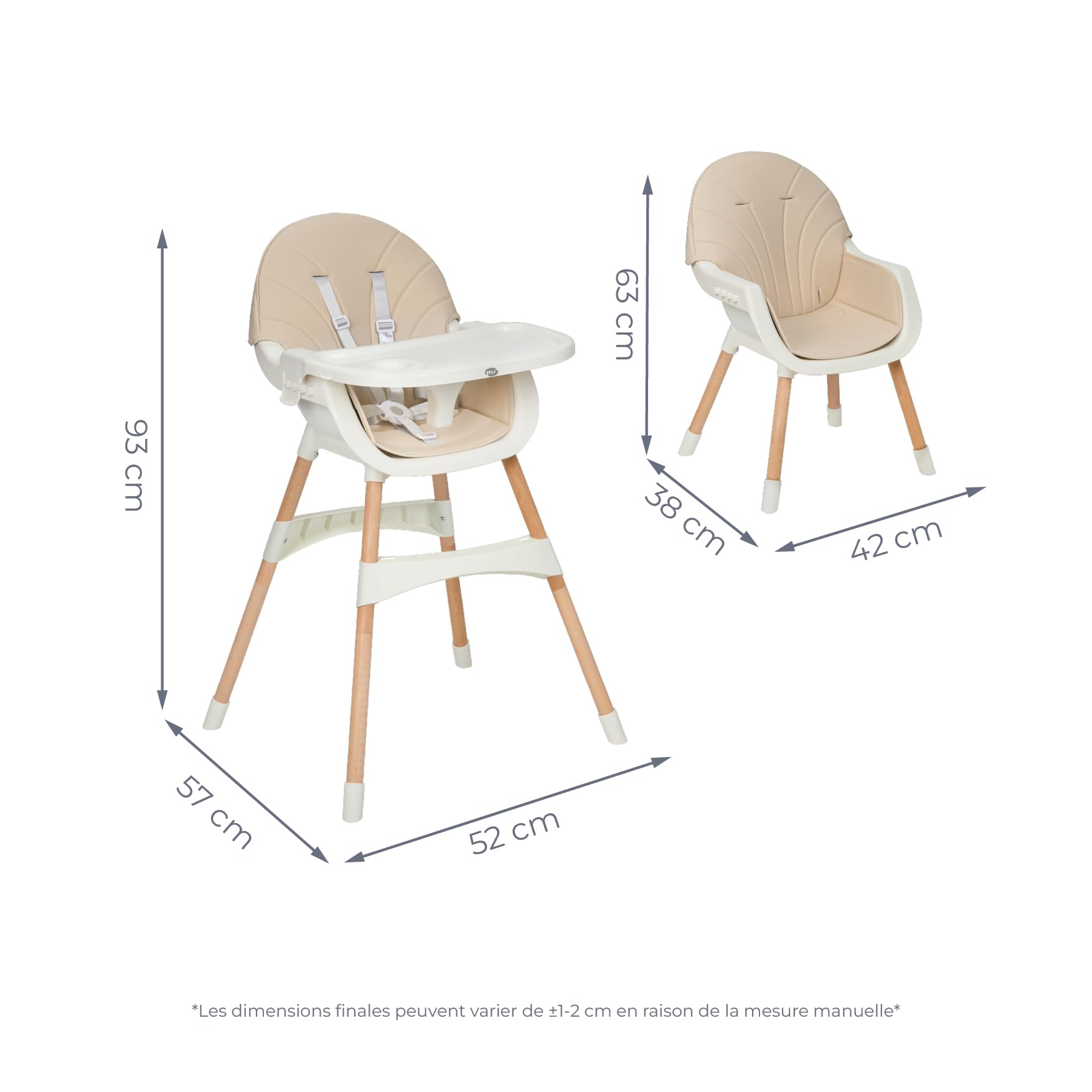 MS BabyWorld – MIKA – Chaise Haute pour Bébé 3 en 1 | Convertible en Rehausseur et Chaise | Siège Rembourré | Pliable et Évolutive