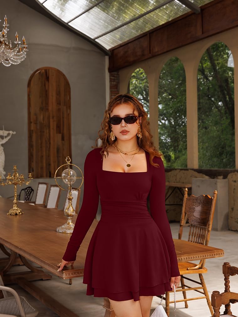 XXTAXN Women’s Sexy Long Sleeve Square Neck Flowy Hem Ruched High Waist Party Mini Dress with Side Pocket - Image 6