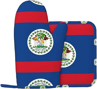 Belize Flag Printed Thickened Oven Gloves + Heat Insulation Pads, Barbecue, Baking, Cooking, high Temperature Protection Tools
