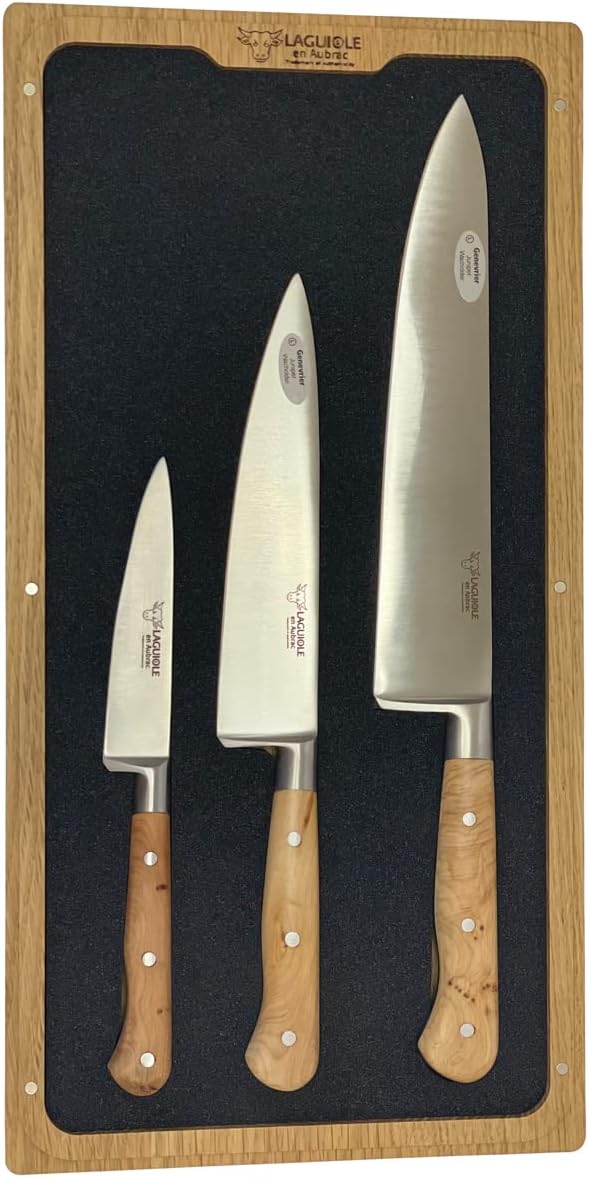 Laguiole en Aubrac Professional Stainless Fully Forged Steel Made In France Starter 3-Piece Premium Kitchen Knife Set With Juniper Handles