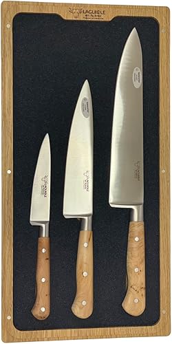 Laguiole en Aubrac - Juego de cuchillos de cocina de 3 piezas con mango de enebro profesional de acero inoxidable totalmente forjado, fabricado en