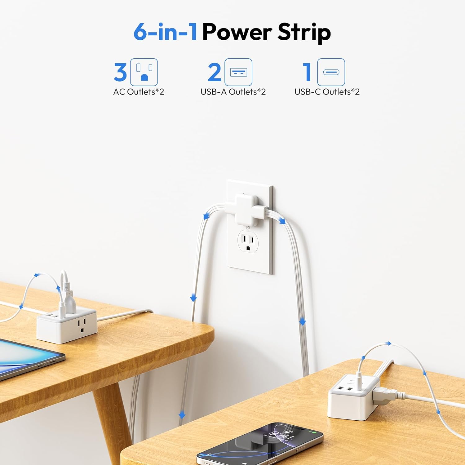 NTONPOWER Double Extension Cord 12 FT, Twin Extension Cord Splitter, 6 Feet Power Cord on Each Side, 1 USB C & 2 USB A & 3 Non Blocking Outlets, Split Power Strip with Flat Plug for Home Dorm Room