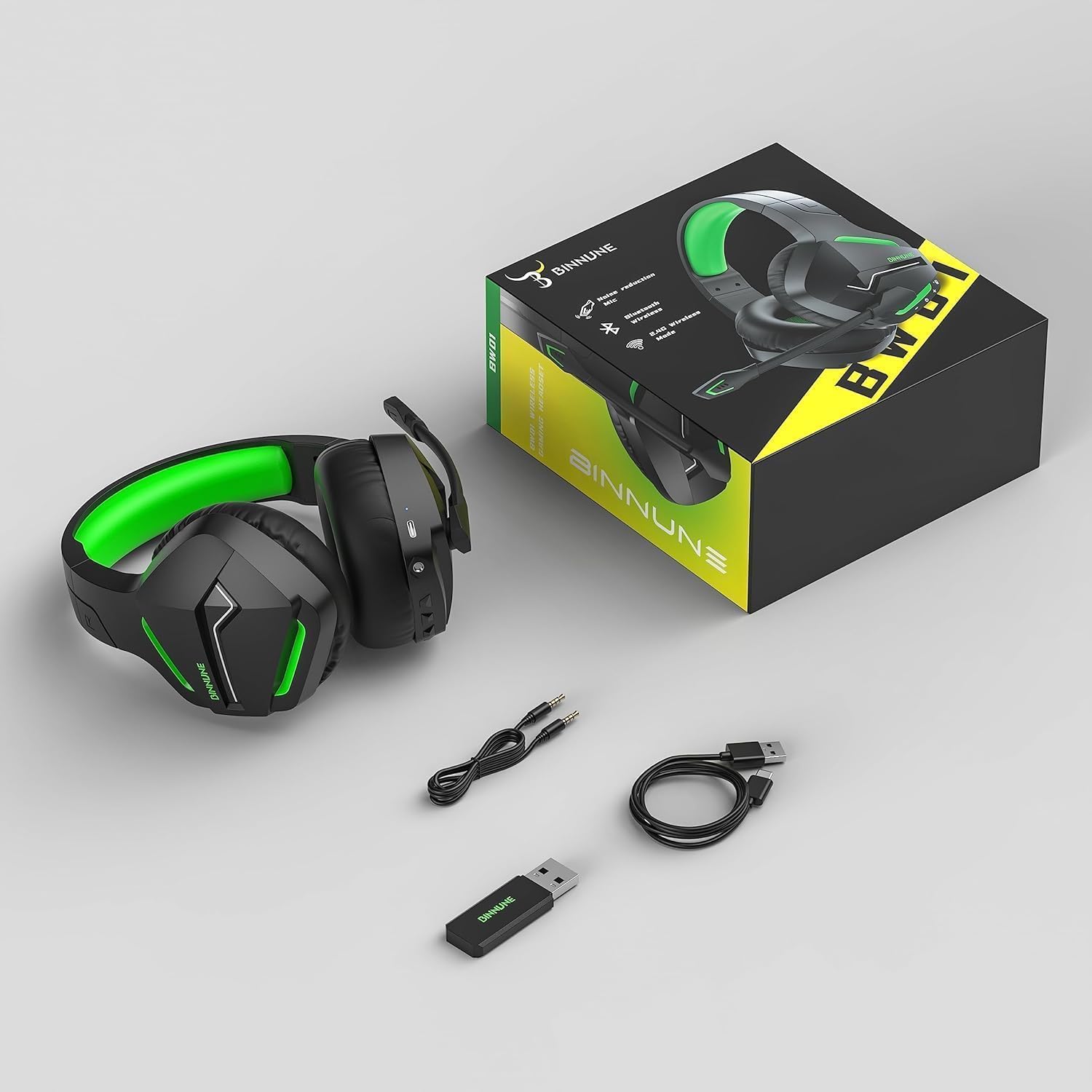 BINNUNE Wireless Gaming Headset for PS5 PC, 120H Ultra-Long Battery, 2.4GHz & Bluetooth 5.3 Wireless Gaming Headphones, PS5 Hadset Wireless with Mic, 50mm Drivers, Comfort Over Ear Headphones,Green