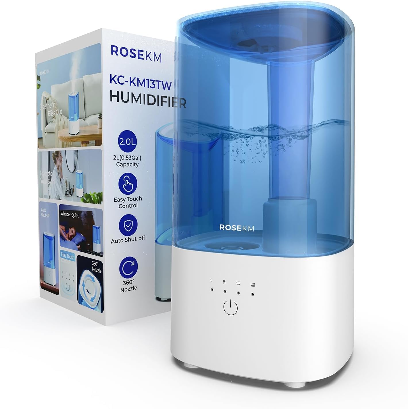 Rosekm - Humidificador ultrasónico silencioso de niebla fría para plantas, bebé, dormitorio, con boquilla giratoria 360°, sin filtro, apagado automático, azul