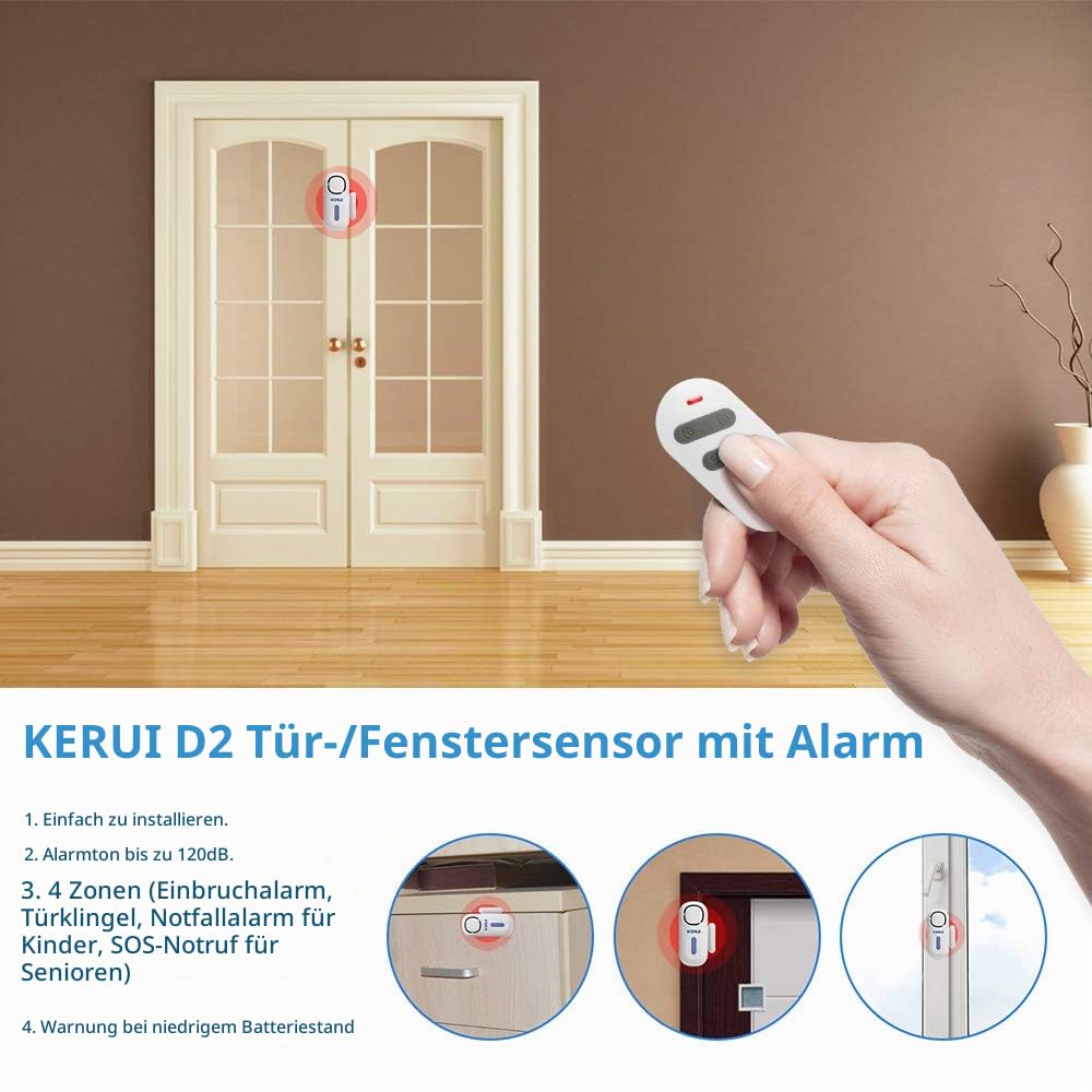 KERUI Tür Türalarm, Fensteralarm Sensor mit drahtloser Hausalarmanlage, 4 Zonen Alarmanlage Tür Einbruchschutz für Haus Garage Büro - (1 Türalarm - 1 Fernbedienung - 4 Türsensoren)