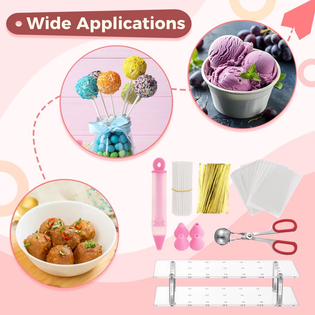 Cake Pop Maker Set, Lutscherbeutel-Set mit 100 Sticks, 100 Hüllen, 100 Drahtbindern, 1 Ständer, 1 Deko-Stift, 1 Kugelportionierer mit Griff für Cake Pops und Süßwaren