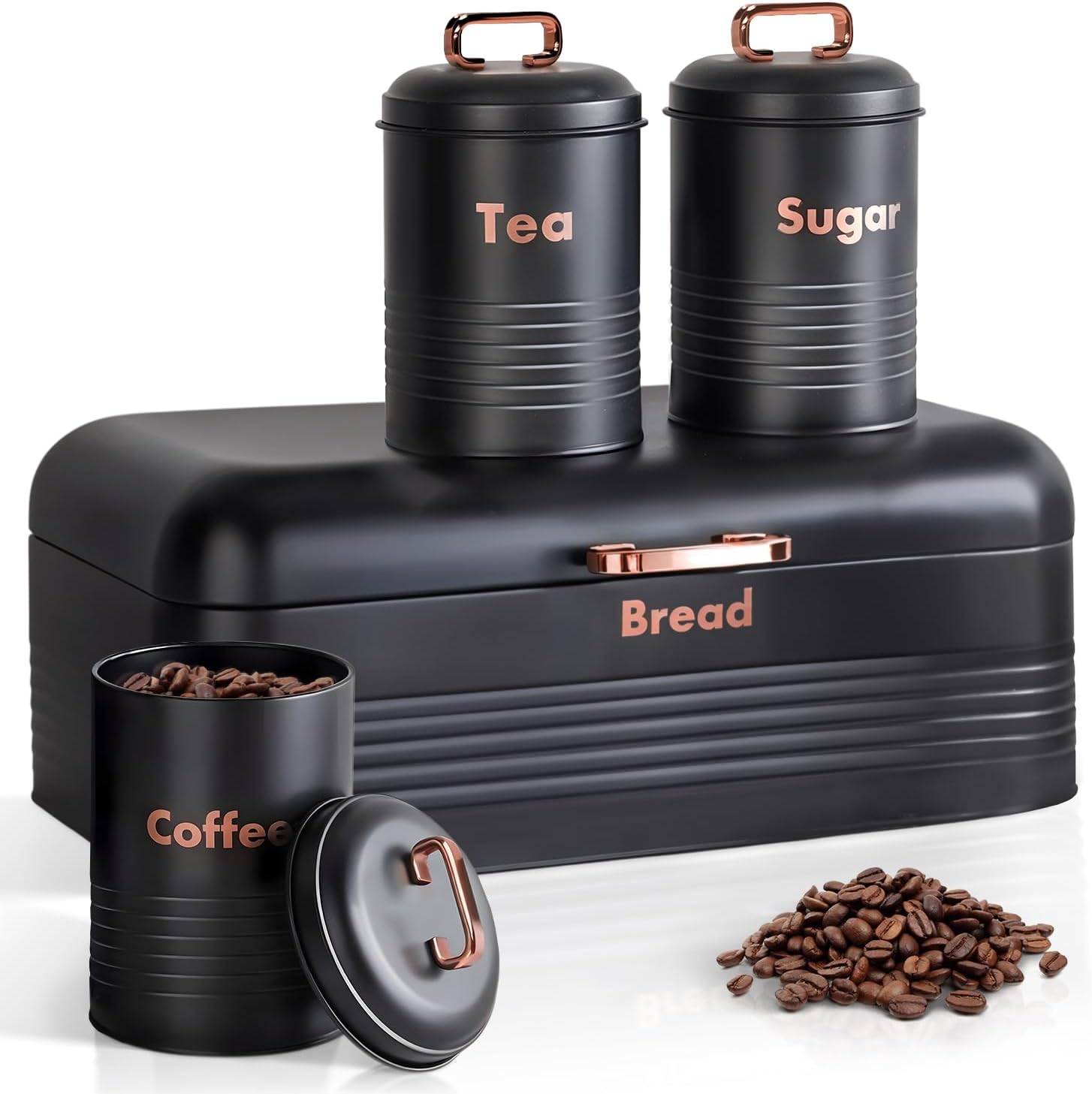 Plexon Black Bread Box for Kitchen Countertop Tea Coffee Sugar Container Set - Metal Bread Container Storage Keeper Organizer - Canister Set of 4