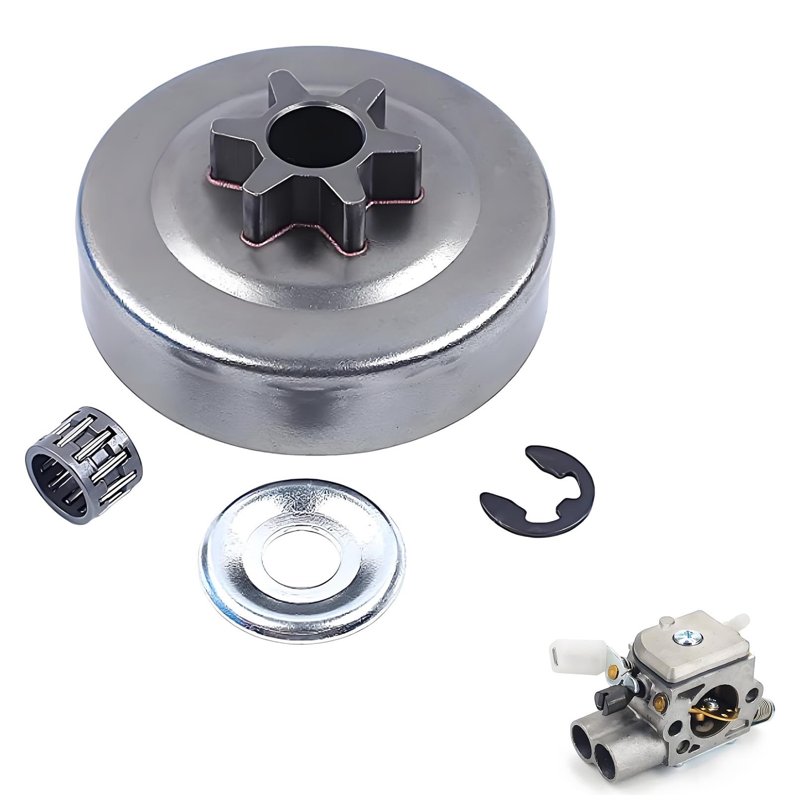 3/8" 6 Zähne Kettenrad für Stihl Motorsägen Modelle 017, 018, 021, 023, 025, MS170, MS180, MS210, MS230, MS250 - Inklusive Kupplung, Nadellager, Scheibe und Sprengring, Ersetzt Teil 1123 640 2005