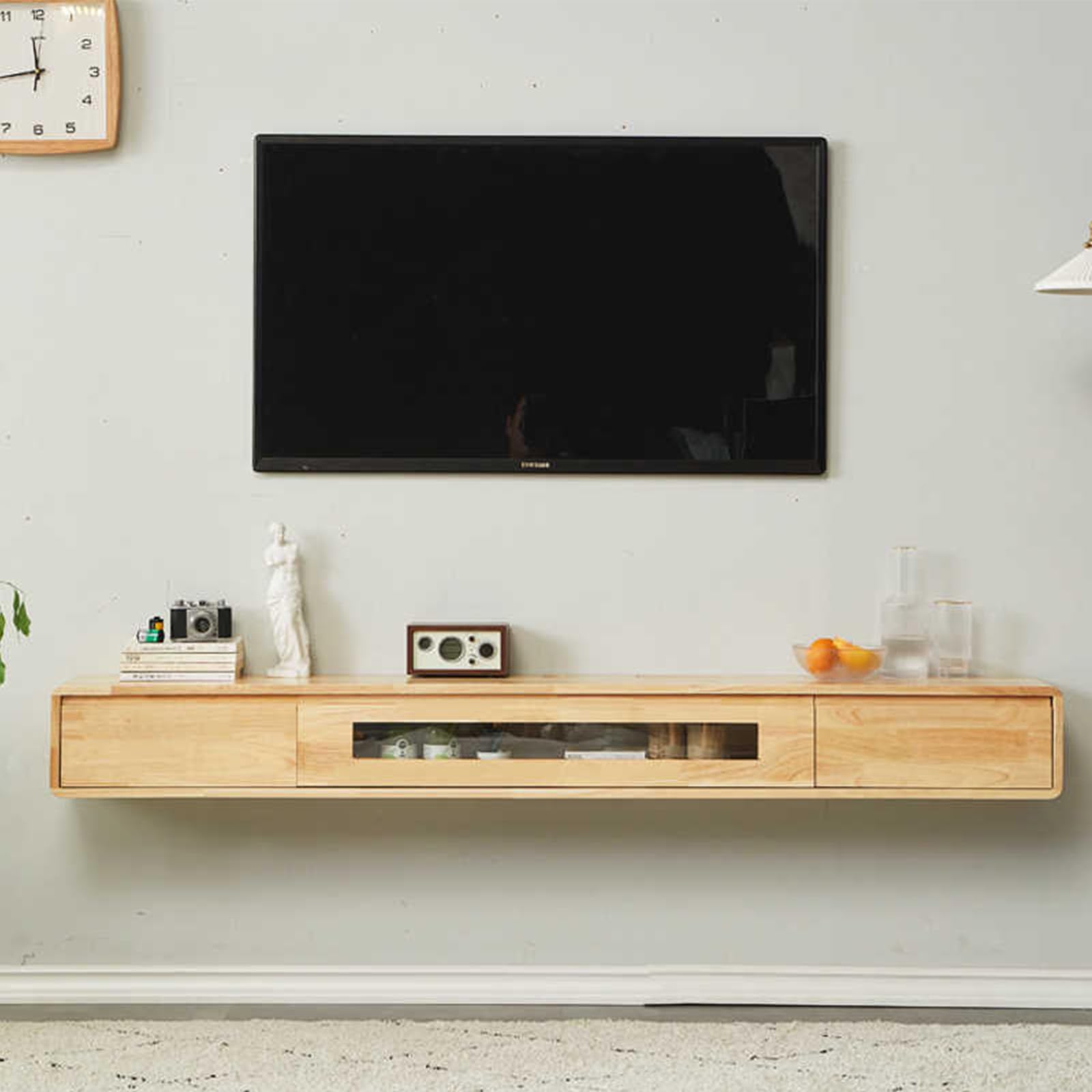 Meuble TV Suspendu Moderne Bois Massif 120-200cm Flottan Console multimédia de Divertissement Murale Étagères TV Murales 2 tiroirs pour Salon et Bureau (A, 140CM)