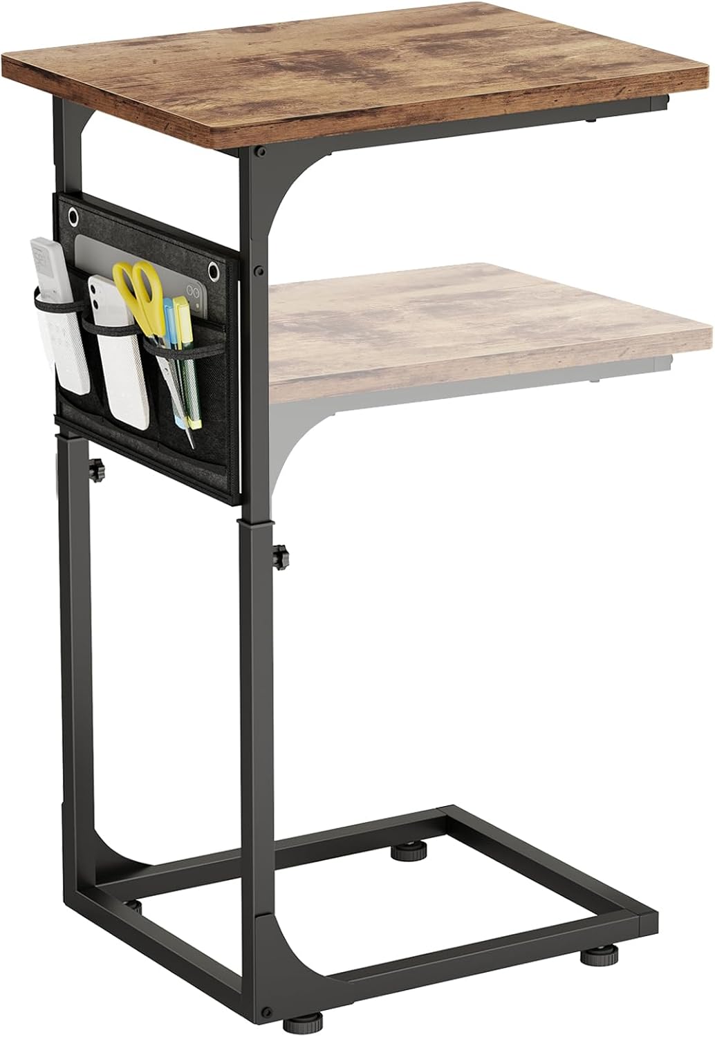 Fixwal C Shaped End Table Adjustable Height Side Table for Couch, TV Tray with Storage Bag Slide Under Sofa Small Tables for Living Room, Bedroom & Office, Rustic Brown