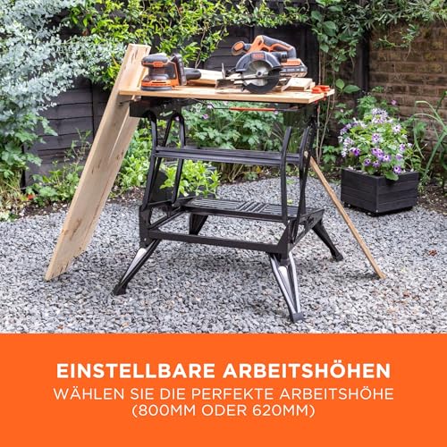 BLACK+DECKER Workmate Flexible Universal-Werkbank (klappbarer Sägebock – Arbeitstisch mit großer Arbeitsfläche, verstellbare Spannbacken, bis 250 kg belastbar, 74 x 25 cm) WM825-XJ