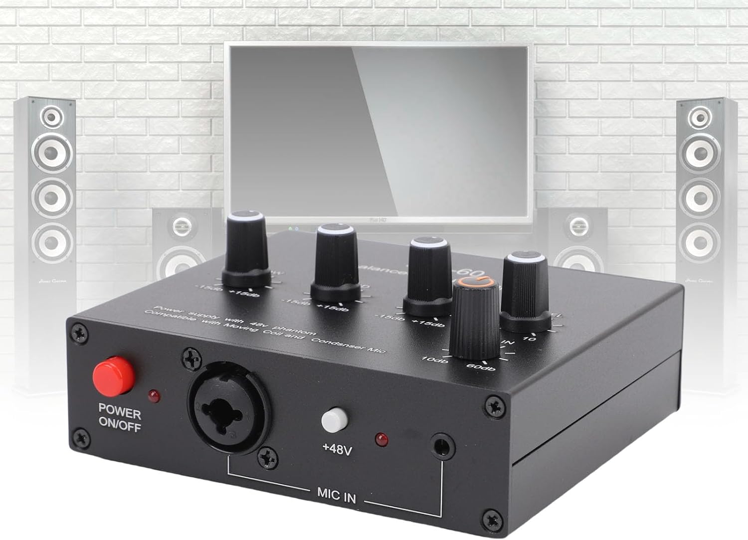 Microphone Preamp 60db Gain Condenser Dynamic Mic Preamplifier 48V Phantom Power for Studio Recording Live Performance