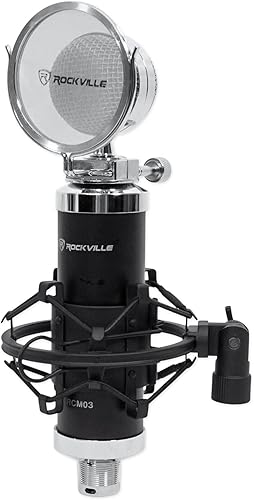 Miniatura 2 de Rockville Micrófono de condensador RCM03 48V, patrón cardioide, construcción de aluminio, conectividad dual, bajo ruido, para podcasting y grabación