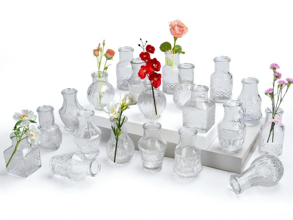 Aevcvok 20 Piezas Mini Jarrón, Pequeño Jarrón de Cristal Vintage Mini Jarrones Decoración,Jarrones Pequeños de Cristal,Juego de Florero para Decoración del Hogar y del Boda
