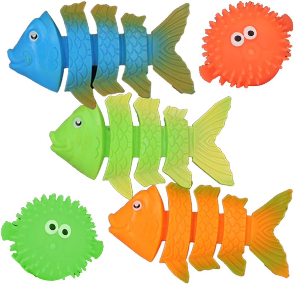 heytech 33 PCS Dive Toys Pool Toys for Kids Includes 4 Diving Sticks, 4 Diving Rings, 5 Pirate Treasures, 8 Sparkling gems,3 Aquatic Toy, 2 Puffer,7 Fish Toys, - Water Toys with a Storage Net Bag : Toys & Games