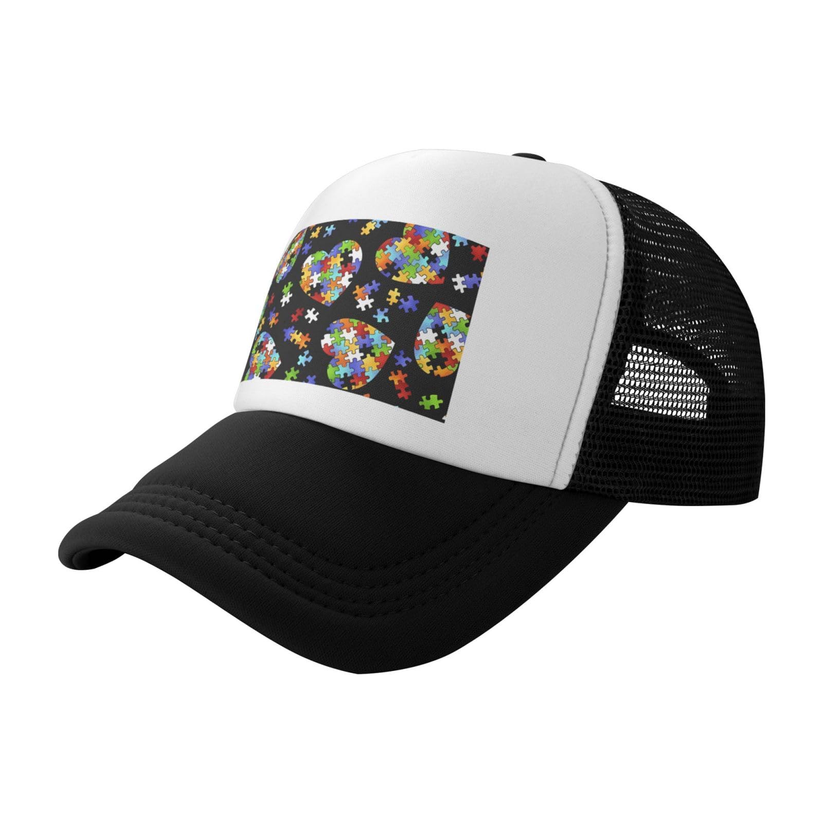 Blwslc Unisex Black Autism Awareness Puzzle Pieces Heart Printed Sun Hat, Adjustable Mesh Baseball Cap, Suitable For Outdoor Hiking And Travel