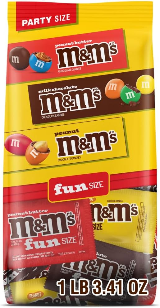M&M'S Milk Chocolate, Peanut & Peanut Butter Fun Size Variety Pack, Party Size, 19.41 Oz Bulk Candy Bag