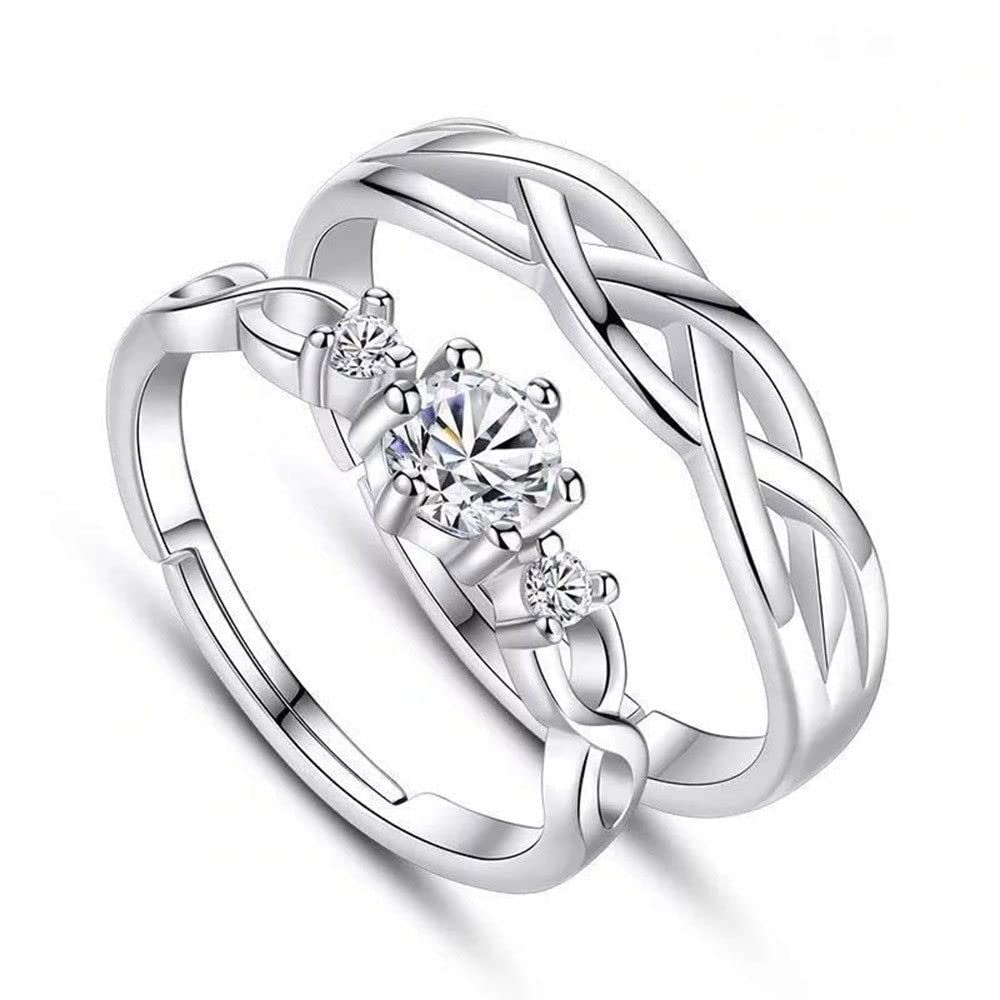 Vientiq Sterling Sliver Crystal Engraved Adjustable Couple Finger Rings for Lover