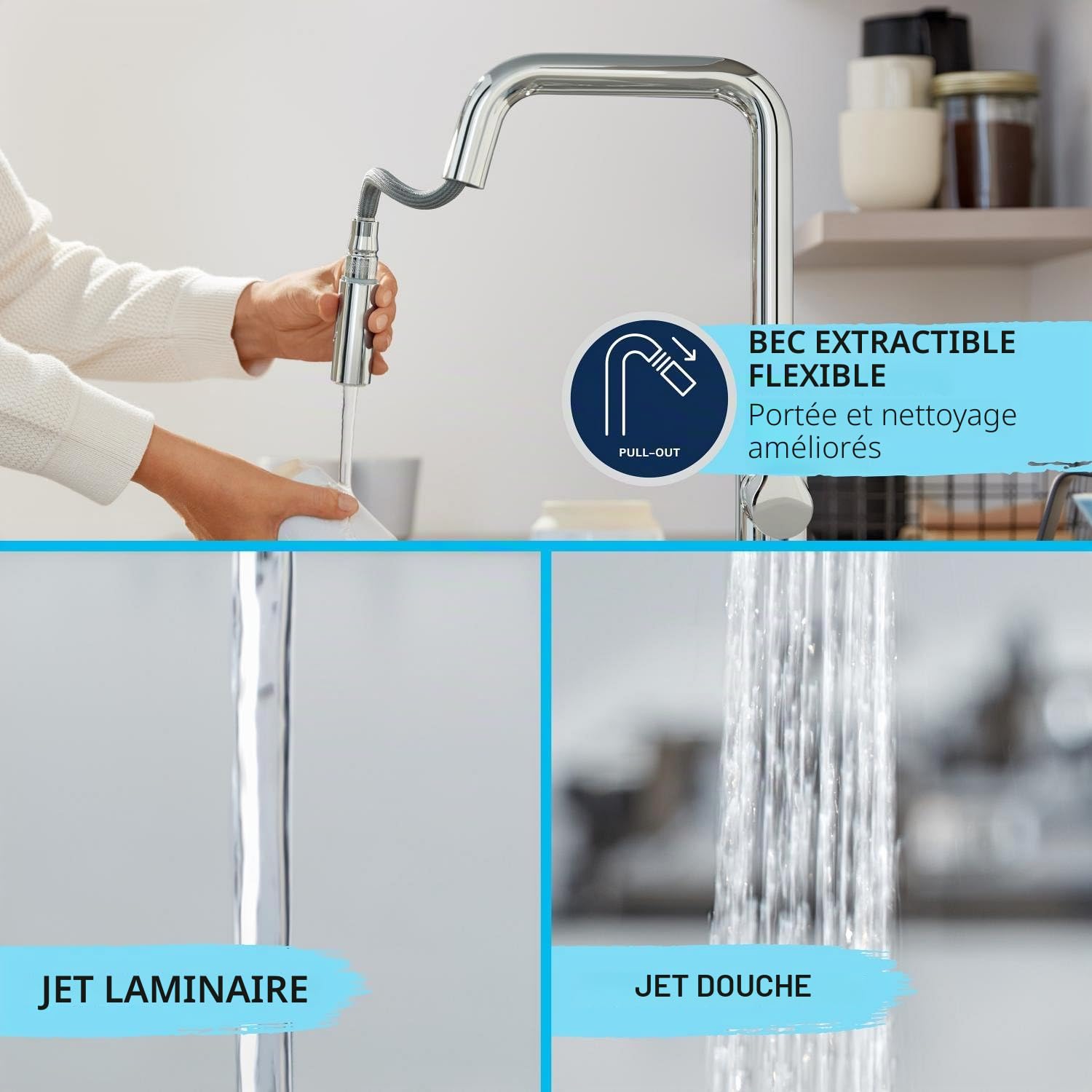 GROHE Start Curve Robinet de Cuisine, Mitigeur Monocommande Evier, Mousseur Extractible, Bec Haut, Zone de Rotation 360°, Chromé, 30562000