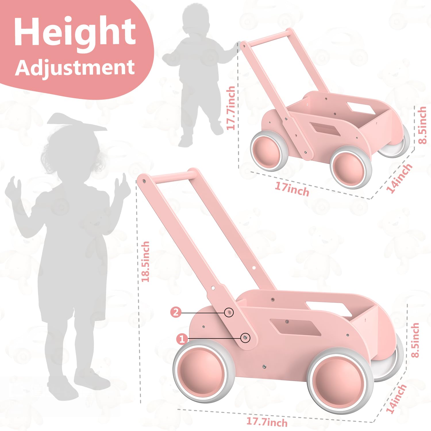 Toddler Push & Pull - Passeggino in legno, per bambini e bambine, giocattolo per primi passi con ruote, regalo per compleanno, Natale, rosa