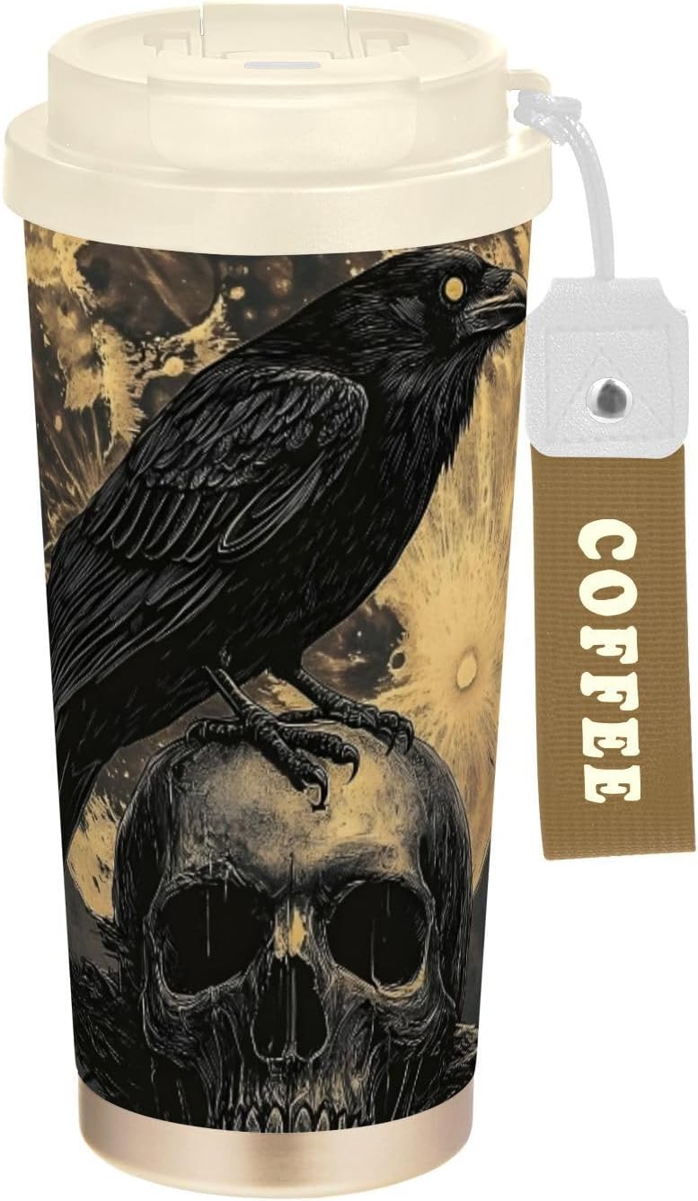 Gothic Raven Skull Moon Insulated Coffee Mug with Straw & Flip Lid, 16.9oz Iced Tumbler Cup, Double Wall Vacuum Leak-Proof Mug for Travel Office