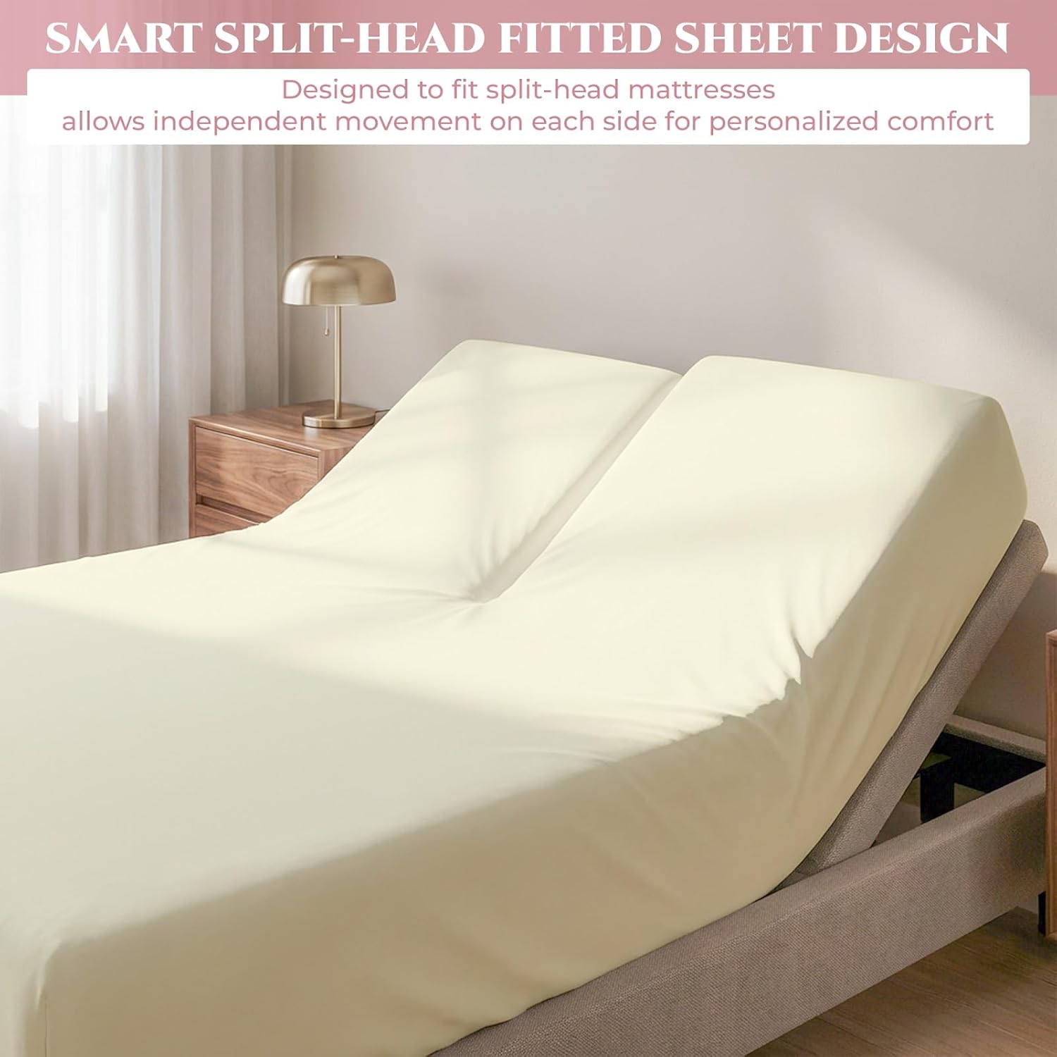 Split Top King Fitted Sheet for Adjustable Beds, 100% Giza Cotton, 34" Flex Head King Size, 1 Pc (Ivory)