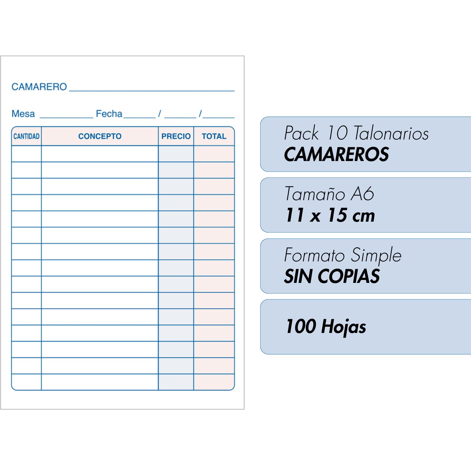 Dohe - Talonaires Serveurs (10 pcs) - Bloc de Commandes, 100 Feuilles Simples Sans Copies, Taille A6 11x15 cm, Blocs de Commandes Hôtellerie, Langue Espagnole, Matériel de Bureau