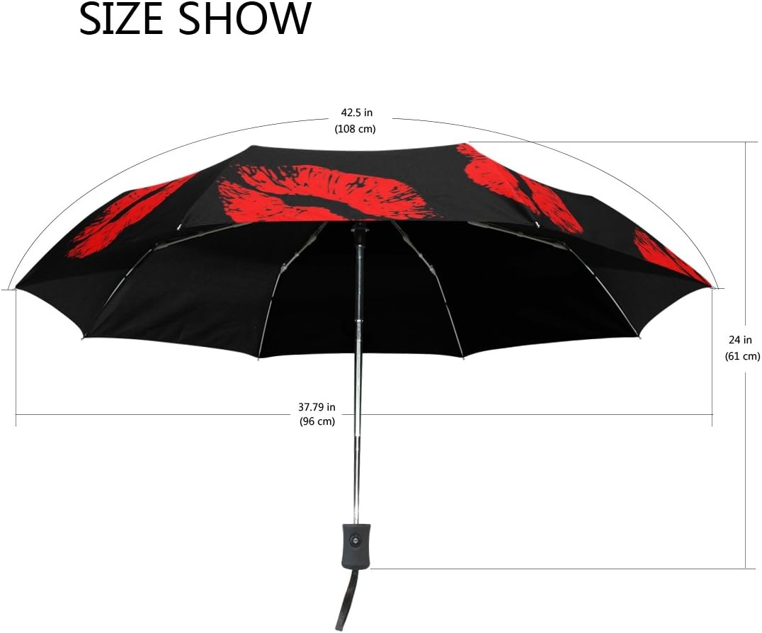 ALAZA Red Kiss Lip Valentines 3 Folds Auto Open Close Anti-UV Umbrella