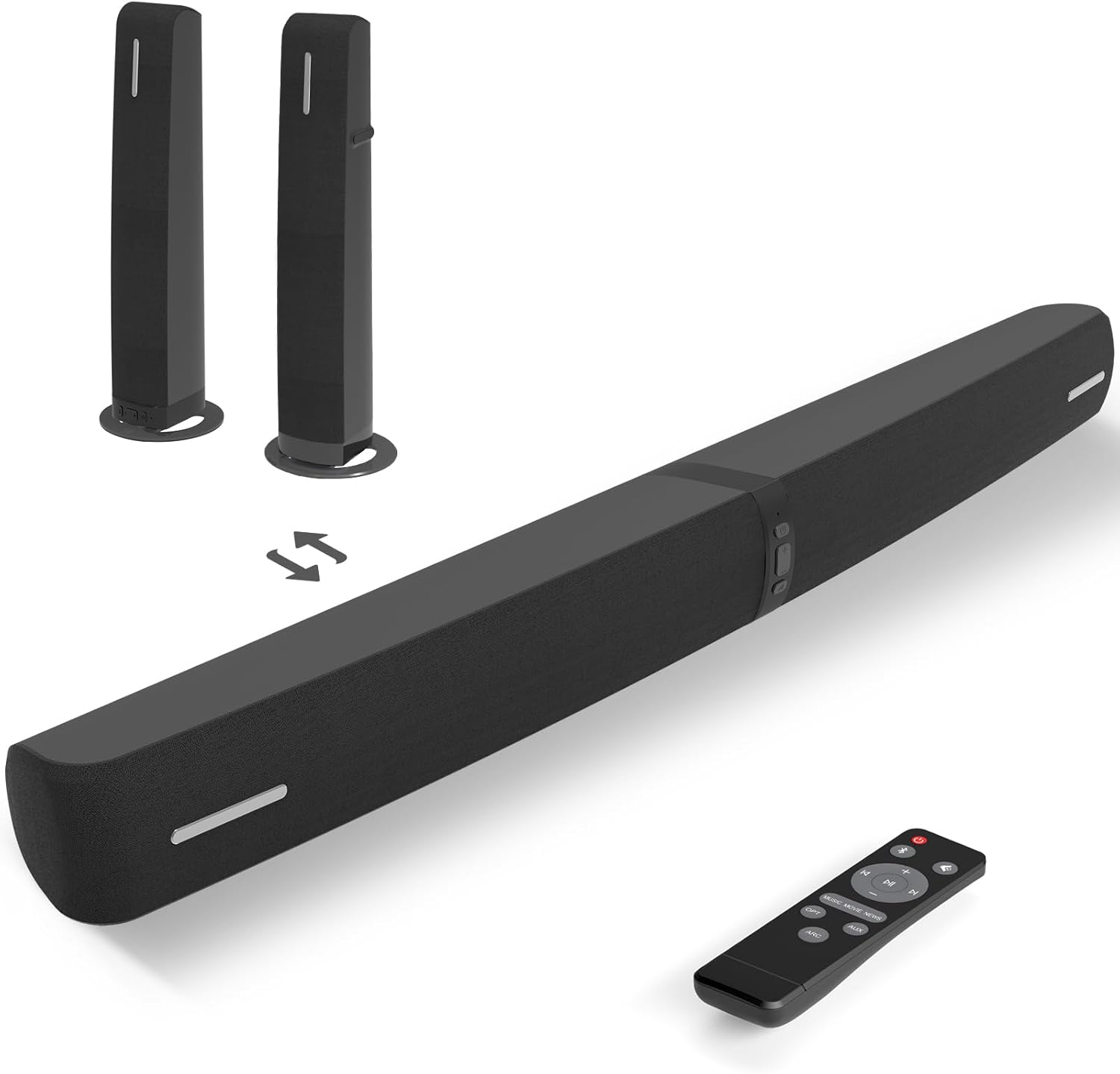 Sound Bar for Smart TV, 90W Soundbar with Bluetooth/ARC/Optical/AUX Connect, Auto Volume Boost, 3 Equalizer Modes, 2 in 1 Detachable Soundbar for TV for TV/PC/Gaming/Projectors(1-Piece)