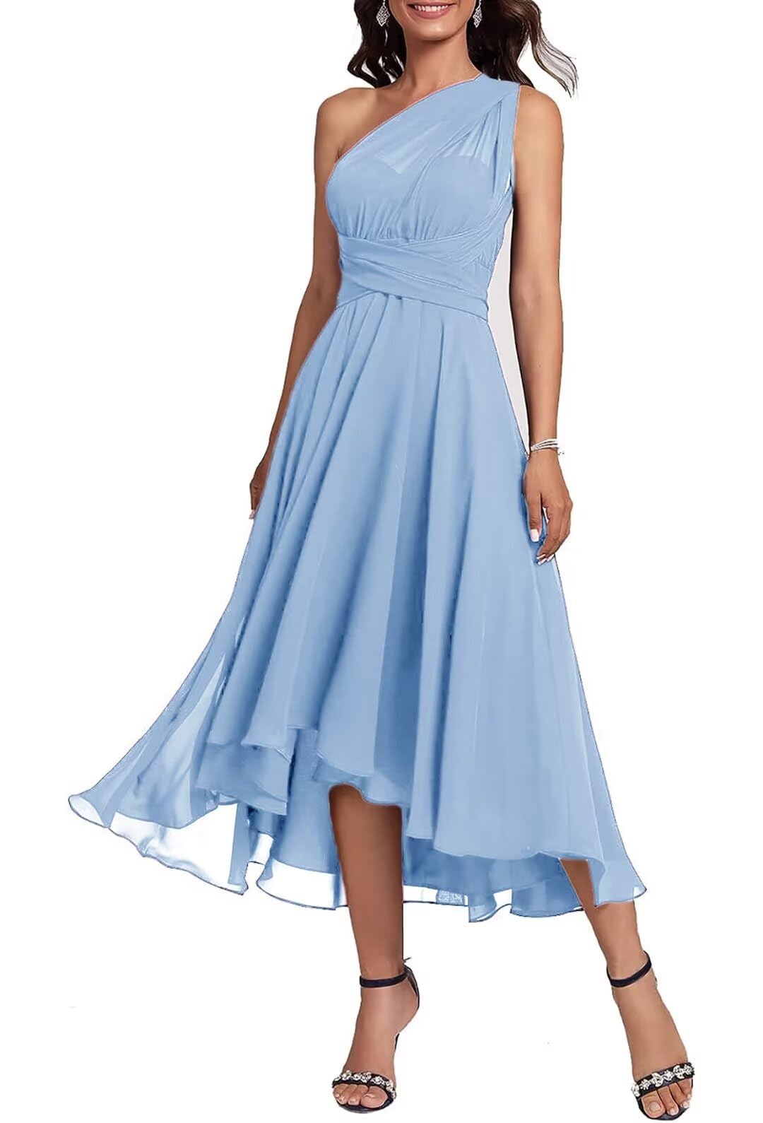 Sky-Blue Tea Length Mother of The Bride Dresses for Wedding Chiffon Twist Wrap Hi-Lo Formal Dress US10