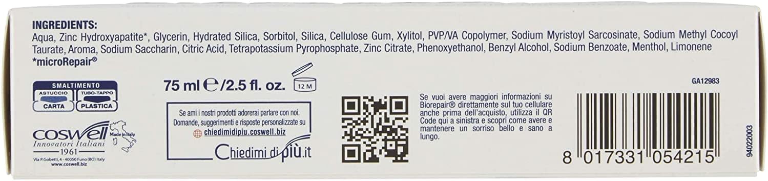 Biorepair: "Pro White" Whitening Toothpaste with microRepair - 2.5 Fluid Ounce (75ml) Tubes (Pack of 4) [ Italian Import ]
